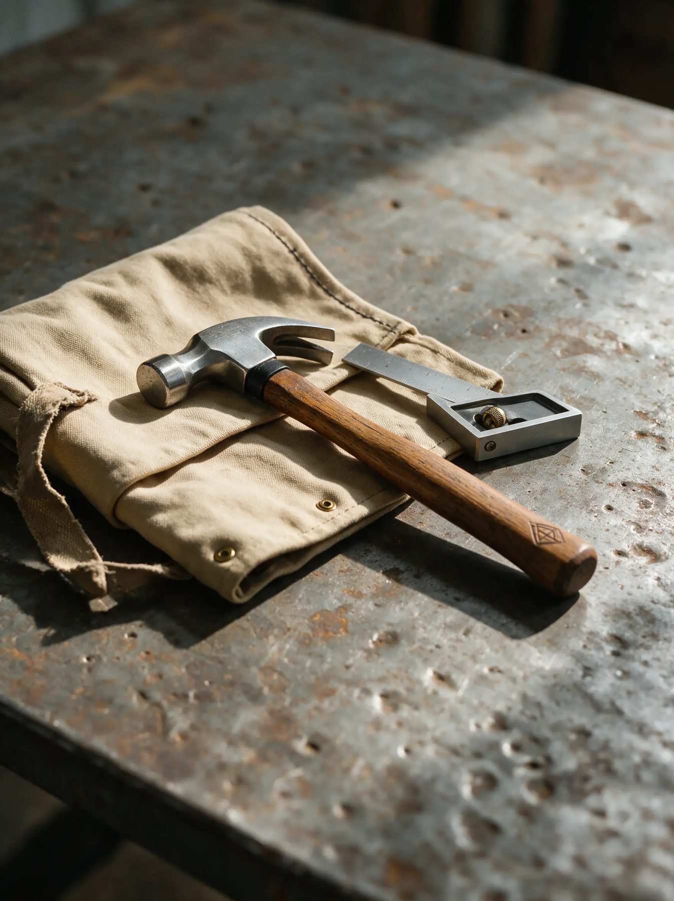 Hammer, square and tool roll on weathered steel