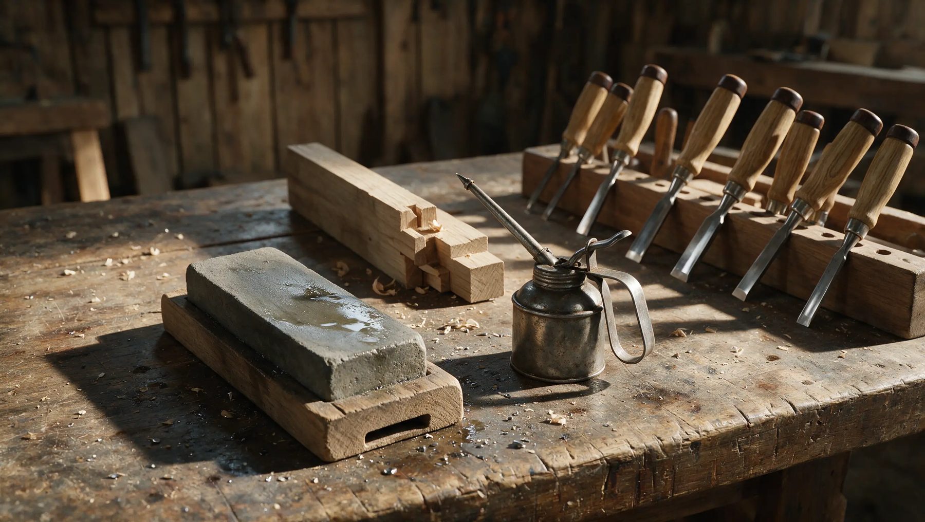 Workbench with sharpening stone and chisels